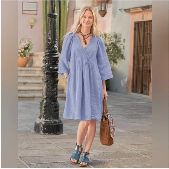 SUNDANCE La Belle Lune Dress S Linen Gauzy Blue Pockets 3/4 Sleeve Lagenlook - Picture 1 of 13